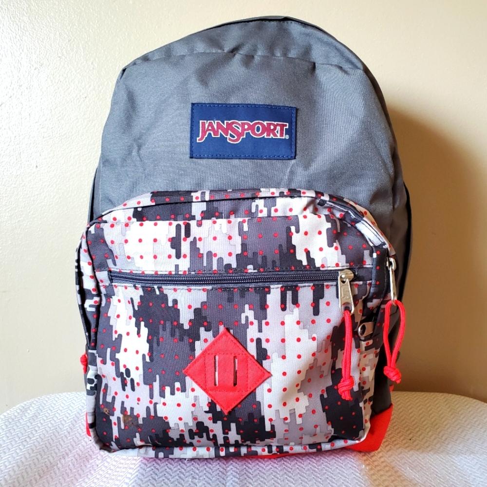 Jansport Grey Red Backpack Adjustable Straps School Hiking Pack Work - Picture 1 of 11